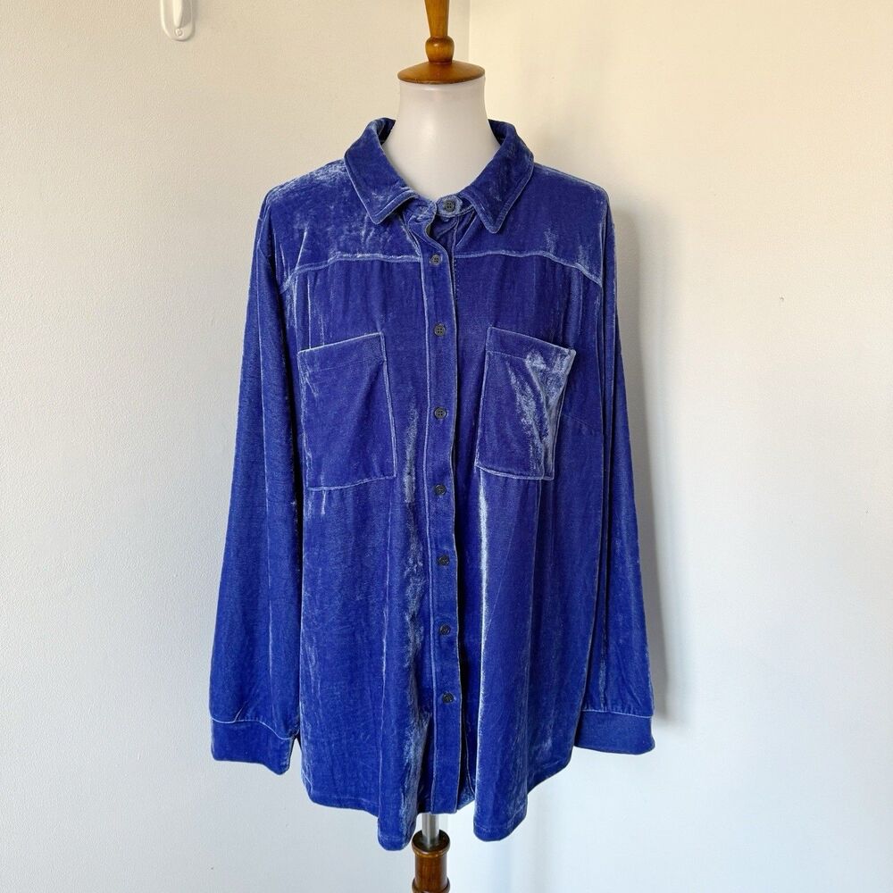 Cato Shirt Long Sleeve Button Up Velour Crushed Velvet Blouse Blue 22/24W 3X - Picture 9 of 16